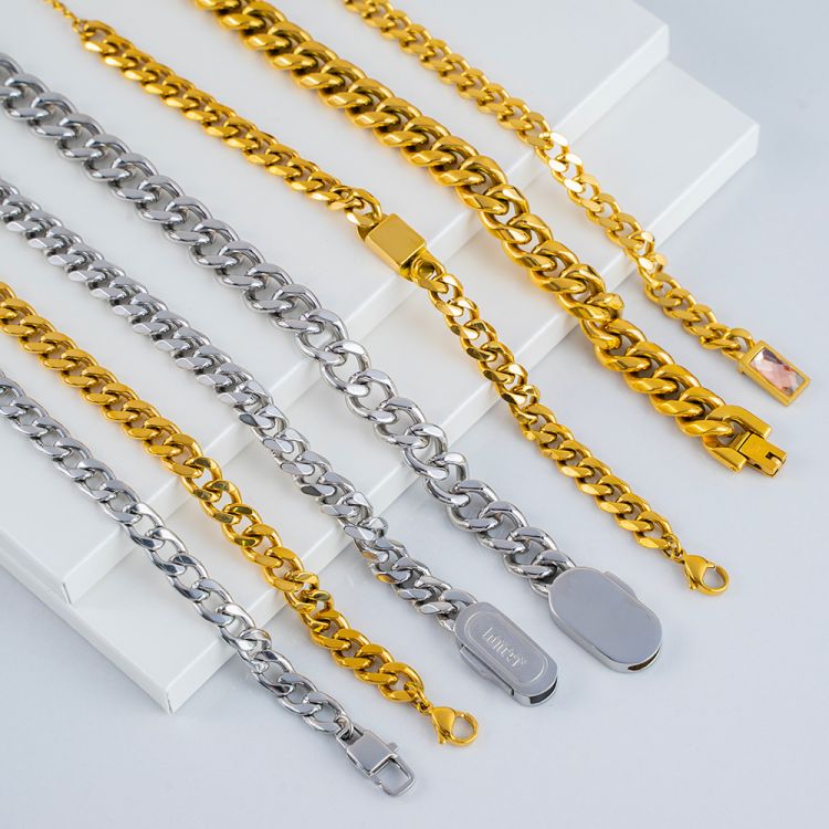 精拋光卡扣款不銹鋼古巴手鏈定制飾品